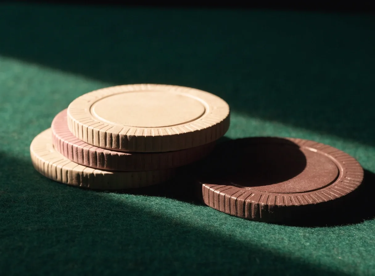 Close-up of clay poker chips on worn felt under raking light