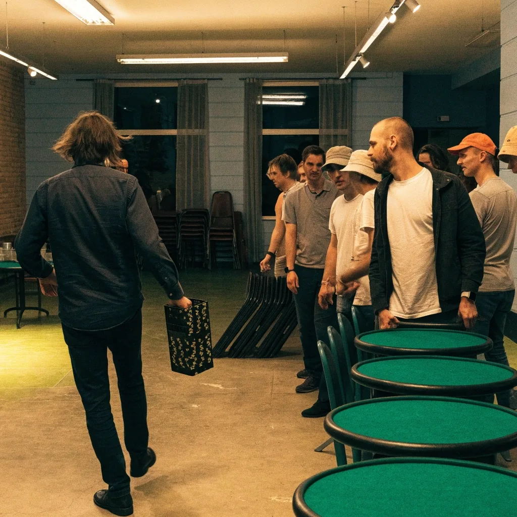 Konec večera v sále — židle od stolu, žetony v racku, židle připravené u zdi
