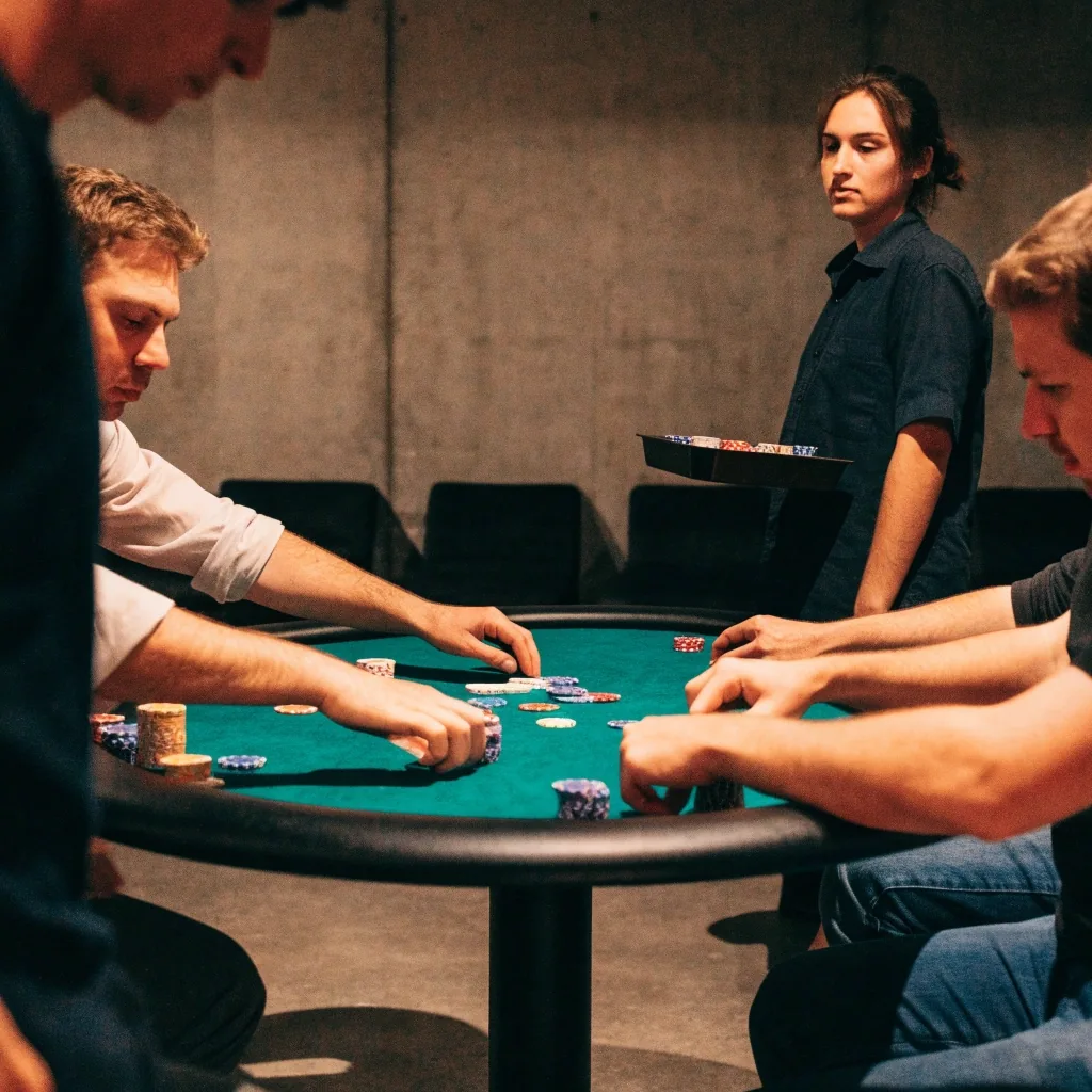 Dealer u stolu skládá karty, vedle stojí sloupek žetonů