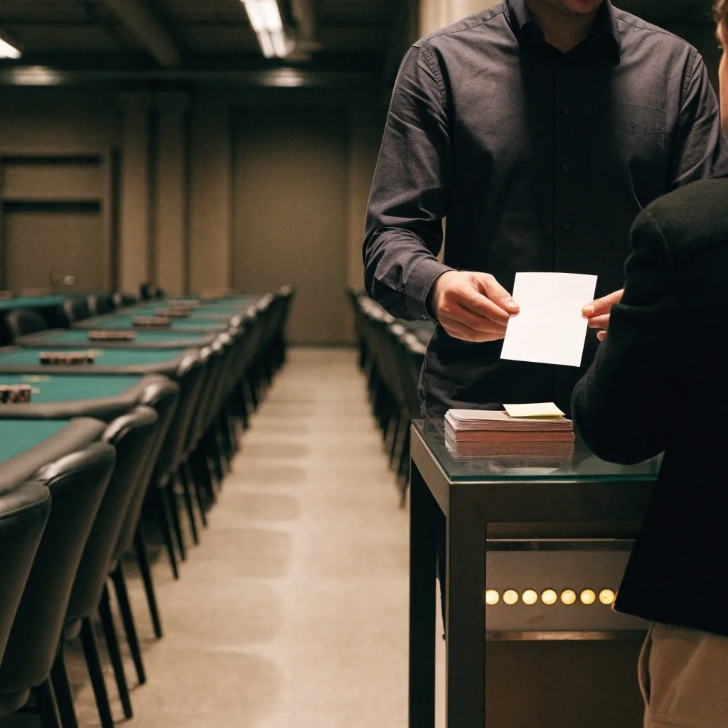 Řada židlí u stolu v herní zóně, pohled od registrace