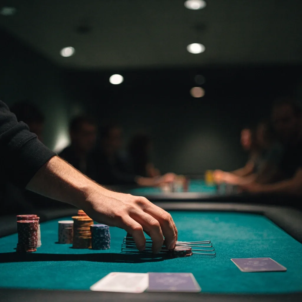 Ruka rozdávajícího u pokerového stolu s žetony a dvěma kartami položenými rubem nahoru
