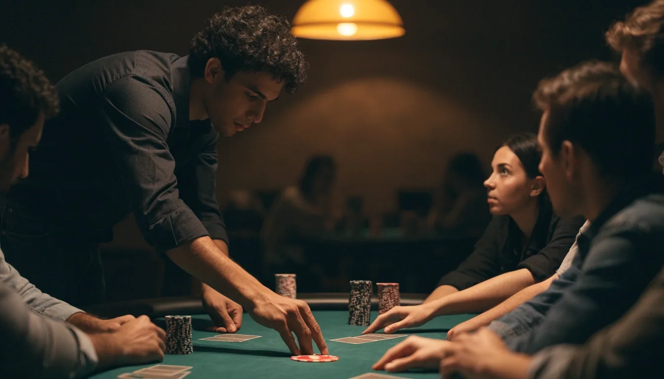 Detail stolu připraveného pro týmový pokerový blok, žetony a karty pod bočním světlem