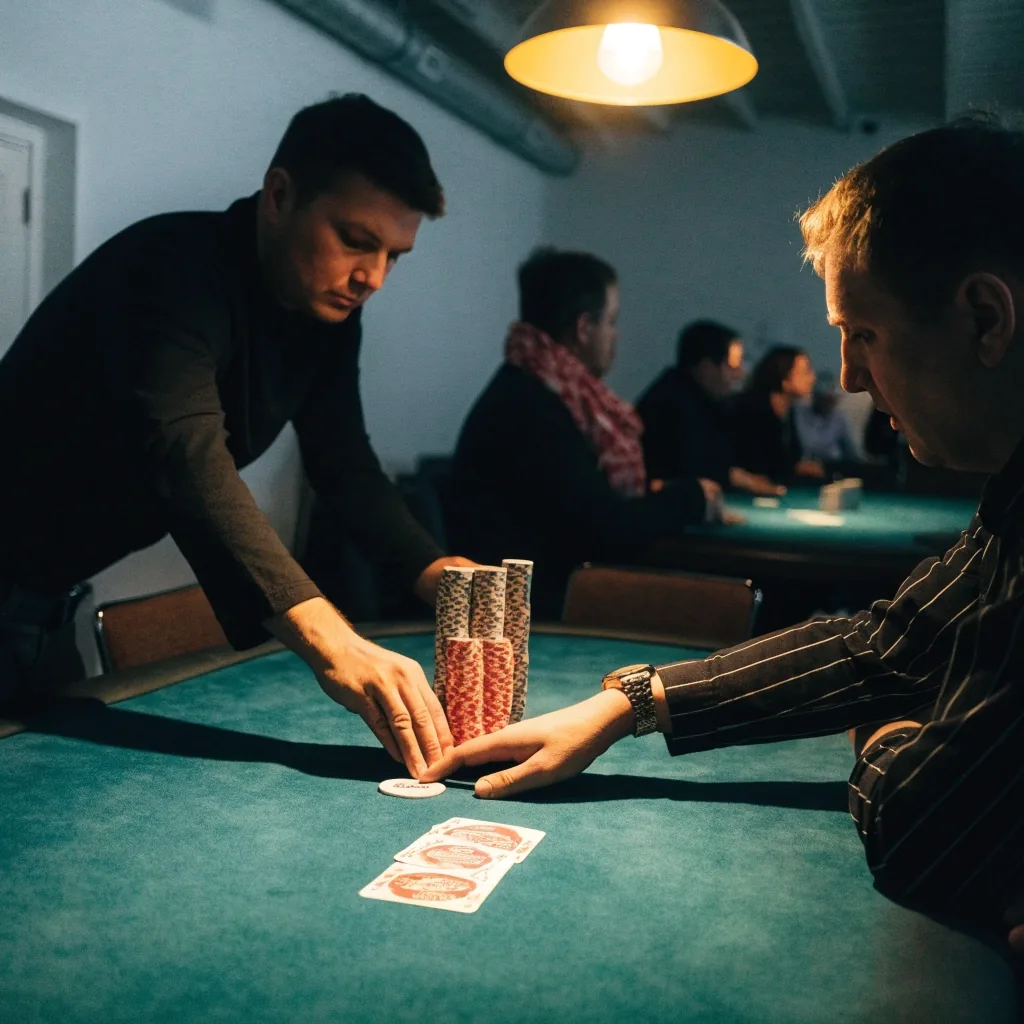 Řada turnajových stolů s žetony a kartami, pohled podle sálu